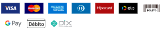 Visa, Mastercard, American Express, Diners Club, Hipercard, Elo, boleto, Google Pay, débito e Pix